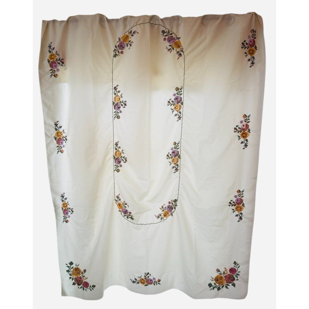 Vtg Hand Embroidered Floral Cross Stitch Rectangle Tablecloth 91” x 59" Ivory